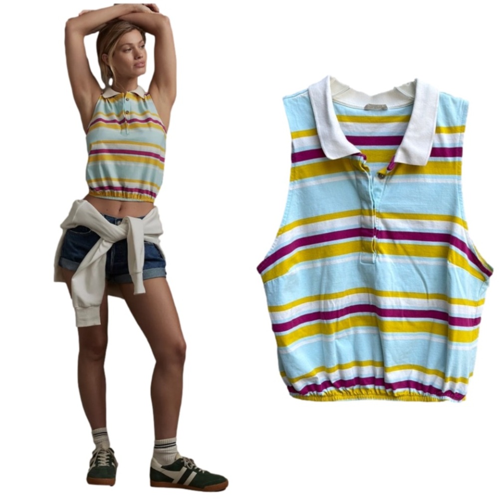 Pilcro Striped Sleeveless Polo Tank in Light Blue, Yellow & Purple